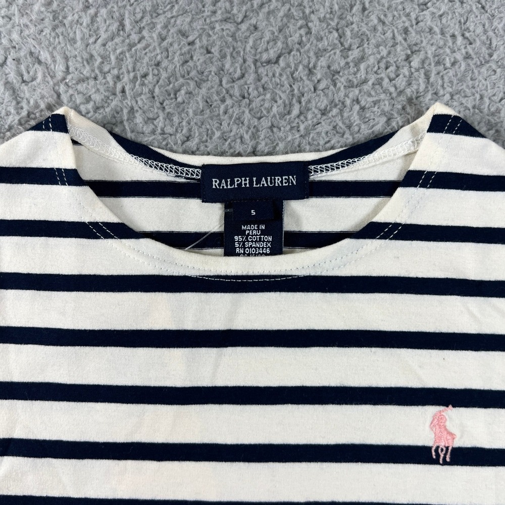 Ralph Lauren Striped T-Shirt Girls Size 5 Navy White Pink Pony Lettuce Trim NWT - Picture 4 of 9
